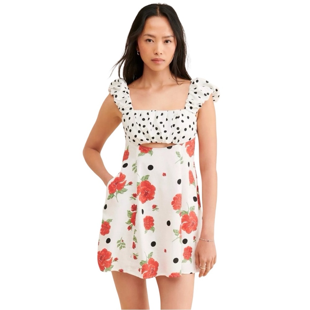 Free People Printed Bom Bom Mini Dress Floral Polka Dot with Tie Back